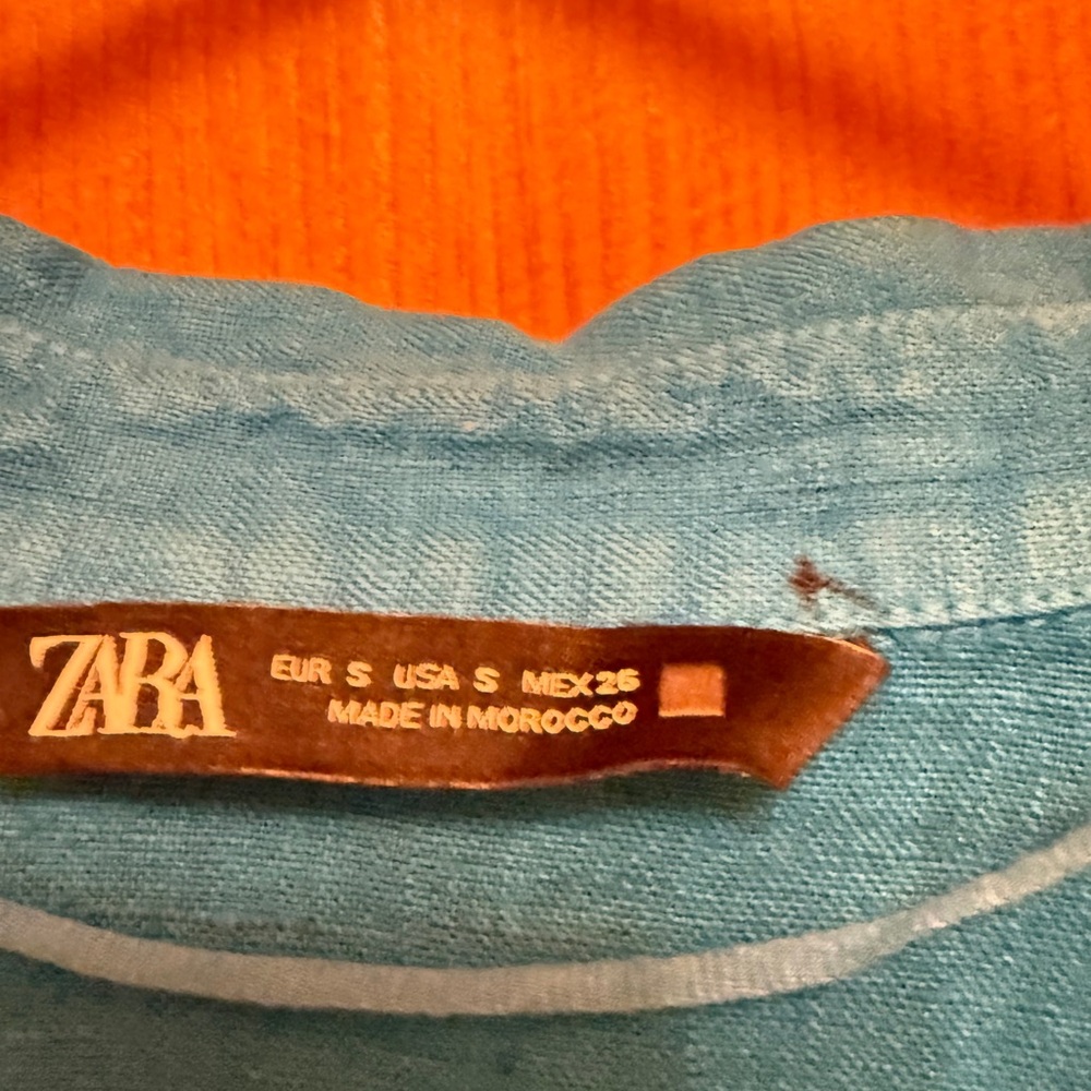 Zara Bright Blue Linen V-Neck Half Button Down Shirt - Picture 4 of 5